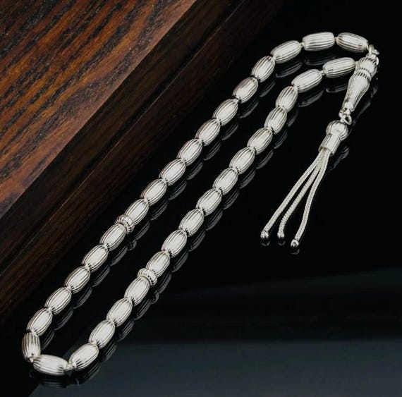 925 Sterling Silver Striped Capsule Cut Tasbih