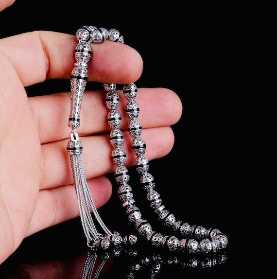 925 Sterling Silver Black Enamel Misbaha – Oval Cut  6.5x8.5 mm