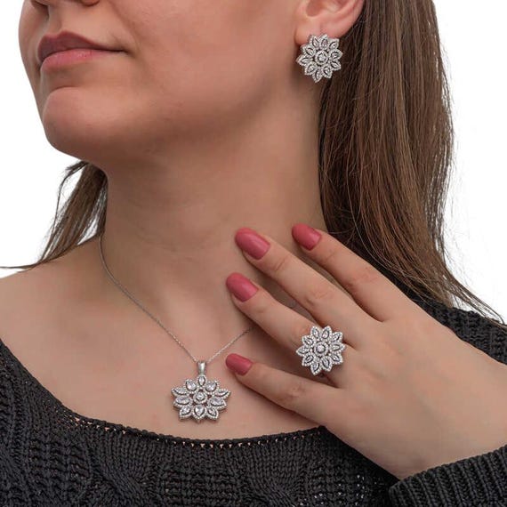 925 Sterling Silver Flower Jewelry Set with Zircon & Baguette Stones | Elegant Women Gift