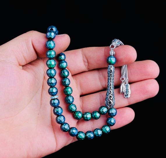 925 Sterling Silver Misbaha – Zircon Inlaid – Mood Stone Color Changing – 8x8 mm – 24 cm