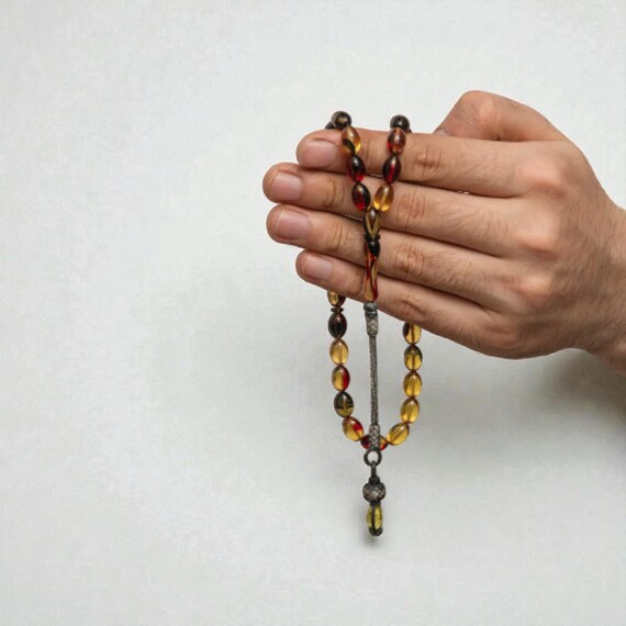 Silver Kazaz Knot Misbaha Tasbih Handmade Pressed Amber Prayer Beads
