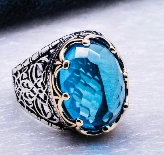 925 Sterling Silver Men’s Ring with Light Blue Zircon Stone – Crown Design