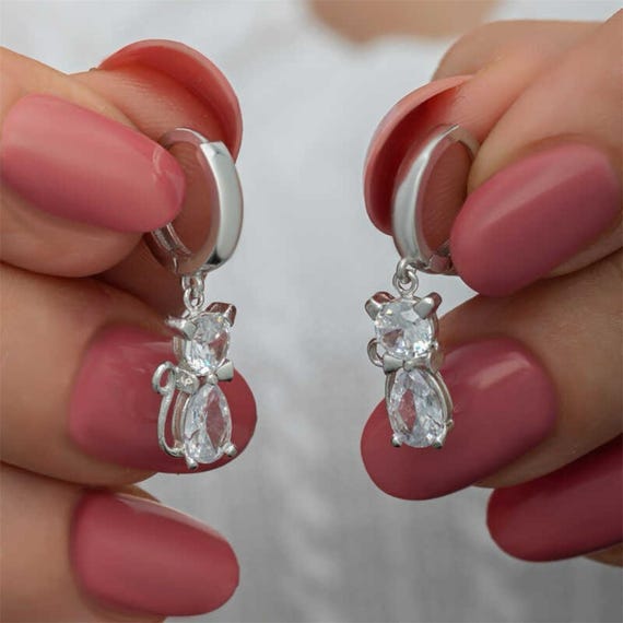 Cat Dangle Earrings for Women | 925 Sterling Silver Cubic Zirconia Cat
