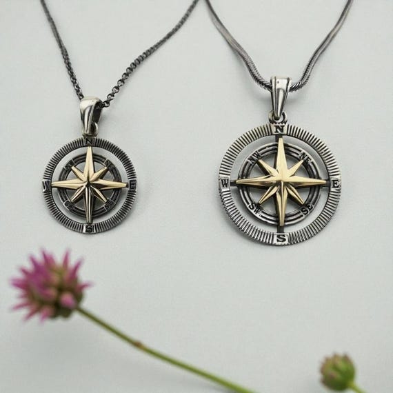 925 Sterling Silver Couple Compass Necklace Set