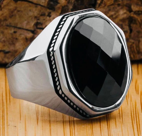 925 Sterling Silver Men’s Ring with Black Zircon – Octagon Design