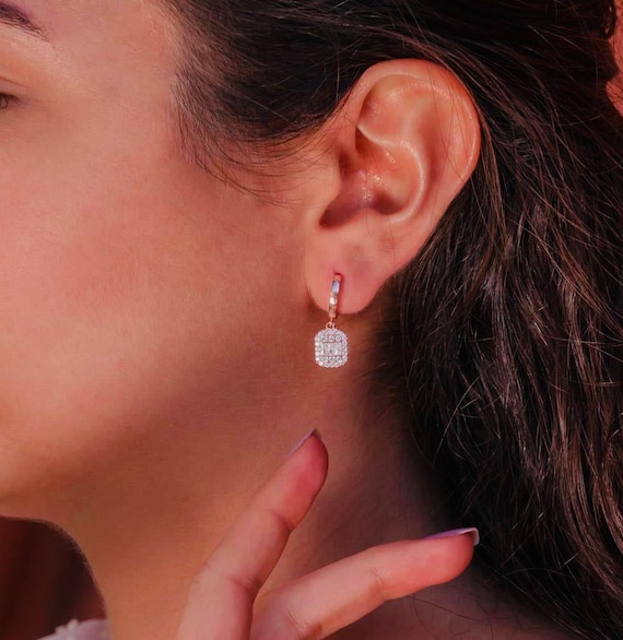 925 Sterling Silver Baguette Drop Earrings with Zircon – Rose Gold Plated