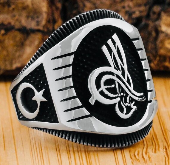 925 Sterling Silver Men’s Ring with Ottoman Tughra and Crescent-Star Motif – 9.2 g