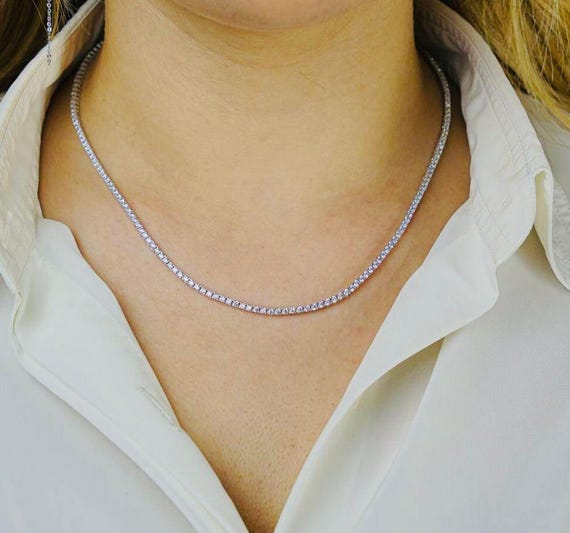 925 Sterling Silver Tennis Necklace: Round Diamond Style, 2mm