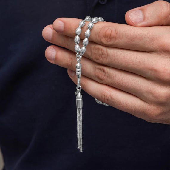 925 Sterling Silver Arpa Cut Striped Men’s Misbaha – Handmade Turkish Prayer Beads