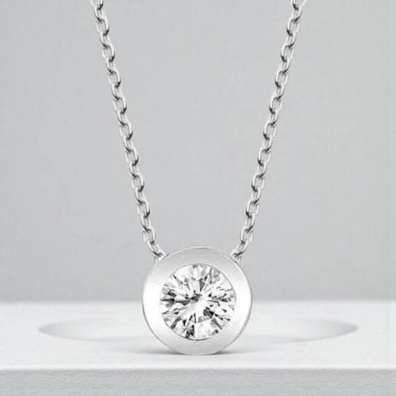 925 Sterling Silver Circle Solitaire Pendant Necklace – Minimal Crystal Necklace