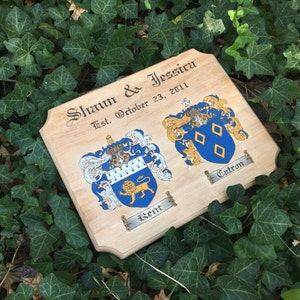 Double Family Crest Plaque, Couples, Wood Burned, Hand Painted image 2