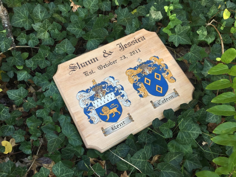 Double Family Crest Plaque, Couples, Wood Burned, Hand Painted image 2