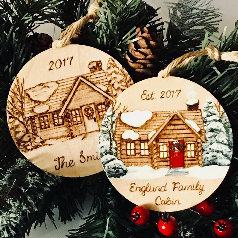 Wood Burned Personalized Log Cabin Ornament | Etsy