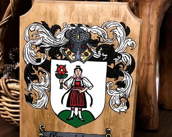 Family Crest Hand Painted Wood Burned