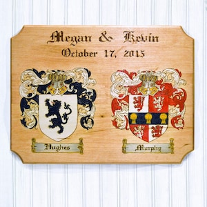 Double Family Crest Plaque, Couples, Wood Burned, Hand Painted image 4