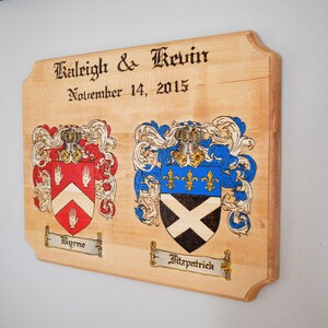 Double Family Crest Plaque, Couples, Wood Burned, Hand Painted image 3