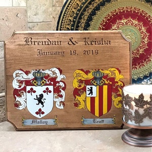 Double Family Crest Plaque, Couples, Wood Burned, Hand Painted image 1