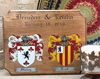 Double Family Crest Plaque, Couples, Wood Burned, Hand Painted