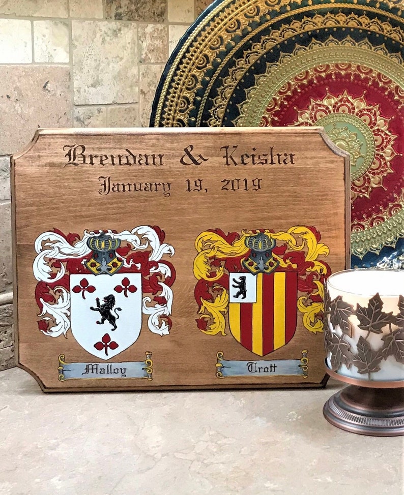 Double Family Crest Plaque, Couples, Wood Burned, Hand Painted image 1