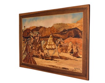 Handcrafted Wood Marquetry of Persian Nomads – Unique Wall Art-Handcrafted Marquetry Wall Décor-Unique Wall Art-Persian Marquetry Artwork