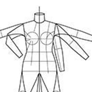 May include: A fashion design template for a full-length garment with long sleeves. The template includes lines for the body, arms, and legs, as well as circles for the shoulders, elbows, and knees.