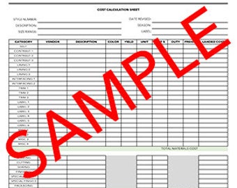 Garment Cost Calculations Sheet Template