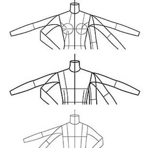 May include: Line drawing of a fashion design flat sketch showing a long-sleeved garment with a high neck and a flowing silhouette.