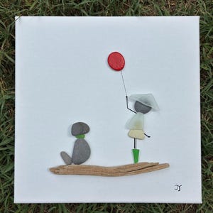 Pebble Art – Mädchen mit rotem Ballon & Hund | Handgemachte Beach Stone Wall Leinwand