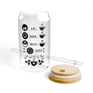 Coffee Sipper Glass, 16oz - Coffee Design, Cafe Mug, Latte Cup, Cappuccino Glasses, Espresso Tumbler, Kitchen Drinkware