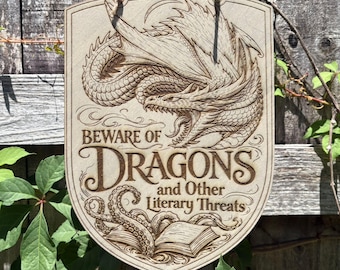 Beware of Dragons Sign | Fantasy Library Decor | Dragon Wall Art | Book Lover Gift | Lovecraftian Reading Nook Wood Plaque | Literary Sign