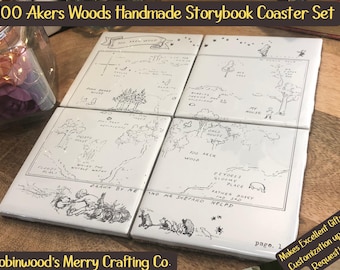 Handmade Winnie the Pooh 100 Akre Wood Map Coaster Set – Engraved Ceramic Coasters – 100 Acre , Cottagecore Decor, Vintage Bookish Gift