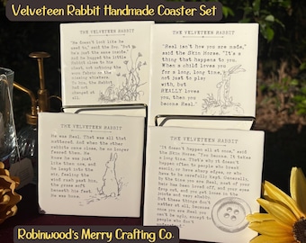 Velveteen Rabbit Ceramic Coaster Set – Laser Engraved Storybook Quote Tiles | Black & Gray Antique Style | Cottagecore Gift for Readers