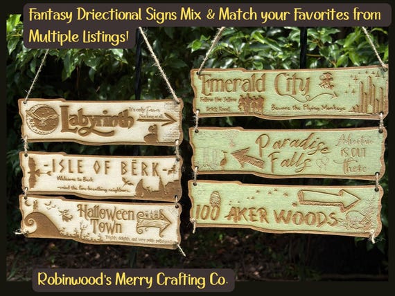 Fantasy Directional Sign Set – Laser Engraved Wooden Signs | 100