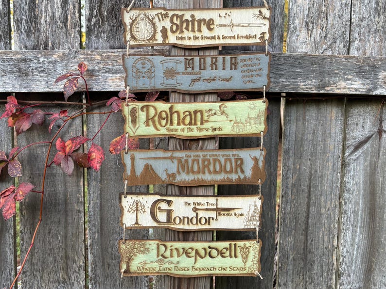 Lord of the Rings Wooden Directional Sign Set • Shire, Moria, Rohan, Mordor, Gondor & Rivendell • Fantasy Wall Decor • Engraved Basswood
