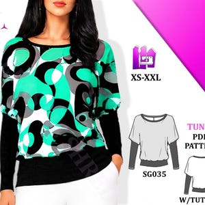 Tunic Blouse Sewing Pattern, Dolman sleeve style top, Beginner Level Stretch Fabric pattern, Digital sewing pattern,  PDF XS-XXL