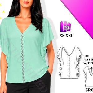 May include: A mint green V-neck blouse with flutter sleeves and a central vertical decorative stitch detail. The image includes text reading BEGINNER FRIENDLY, XS-XXL, PDF PATTERN W/TUTORIAL, and SR005, alongside a black and white line drawing of the garment.