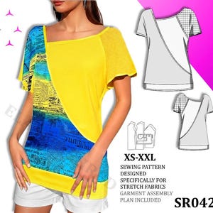 Puede incluir: Una blusa amarilla, azul y estampada con mangas cortas. La blusa tiene un diseño asimétrico único. La imagen también incluye diagramas de patrones de costura y el texto "Beginner Friendly" y "XS-XXL".
