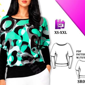 May include: A long-sleeve top featuring a black, white, and bright green abstract circular pattern with solid black sleeves and a black hem. The image includes text stating BEGINNER FRIENDLY, XS-XXL, PDF PATTERN W/TUTORIAL, and SR035.