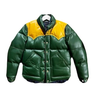 Men's Green Genuine Leather Lambskin Padded Quilted Leather Down Puffer Jacket