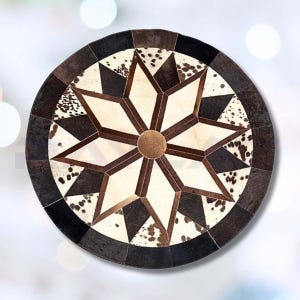 Home Decor Brown Cow Skin Rug Natural Cowhide Leather Area Rug Real Hair-on-Leather Patchwork Round Rug Handmade Cowhide Patchwork Carpet