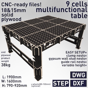 Puede incluir: Una mesa multifuncional de 9 celdas hecha de madera contrachapada maciza de 18 mm y 15 mm. La mesa tiene 790-920 mm de alto, 1900 mm de largo y 1600 mm de ancho. Cuenta con una fácil instalación con nidos para abrazaderas, nidos para montantes de pared de yeso, nidos para rieles guía y altura variable. La mesa está lista para CNC y viene con archivos DWG y DXF.