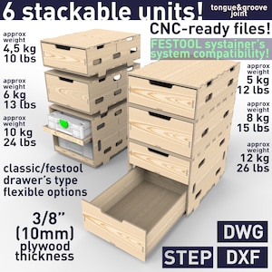May include: Six stackable wooden storage units with drawers, made from 3/8 inch (10mm) plywood. The units are compatible with Festool Systainer systems. CNC-ready files are available in DWG and DXF formats.  The image shows the units stacked and with a drawer pulled out.