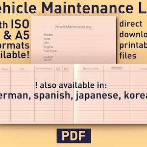 Vehicle Maintenance Log А4 & А5 Formats! Eng Esp Ger Jap Kor - 6 Languages