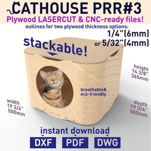 Puede incluir: Una casa para gatos de madera con un gato sonriente en su interior. La casa para gatos es apilable, transpirable y ecológica. Mide 50 cm de ancho, 50 cm de profundidad y 36,5 cm de alto. El diseño es para archivos láser y CNC.