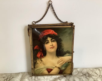 Antique Art Nouveau Maidens. Portrait Celluloid Tri-Fold Vanity Mirror Large