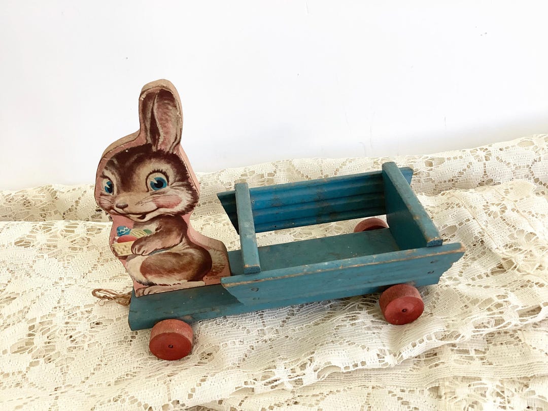 Vintage 1940s Fisher Price Bunny Rabbit Pulling Cart Toy/ Easter Rabbit ...