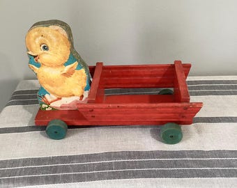 Vintage 1940s Fisher Price Easter Chick  Pulling Cart Toy/ Easter CandyContainer No. 407