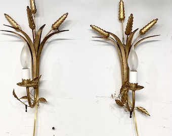 Vintage Italian Tole Gold Wheat  Wall Sconce Lights  Pair/Italian Tole Sconces/Made in ItalyTag