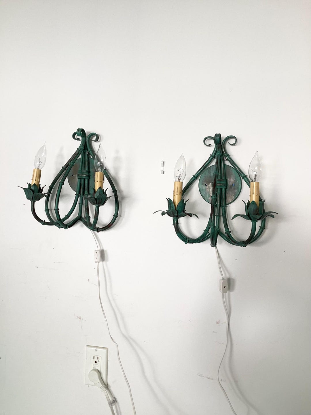 Vintage Faux Bamboo Wall Sconce Lights PairHollywood Regency