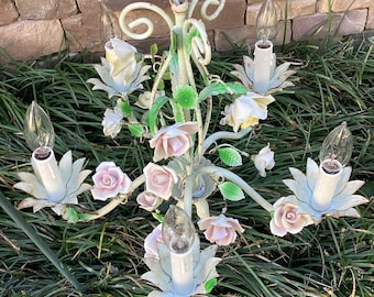 Shabby  Rusty Chippy Vintage Italian Tole Porcelain Roses Chandelier